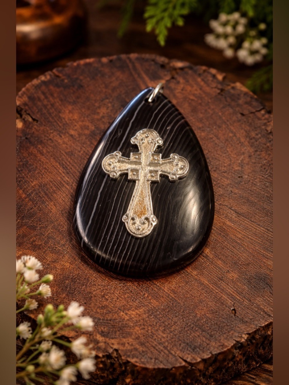 ONYX AGATE Stone w/ Iron Cross Large Pendant Statement Reversible UNISEX